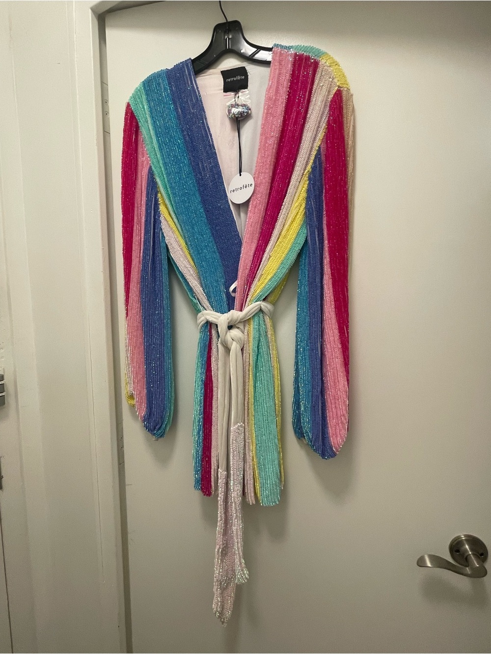 Retrofete Multicolor Beaded Striped Robe with Tie Belt